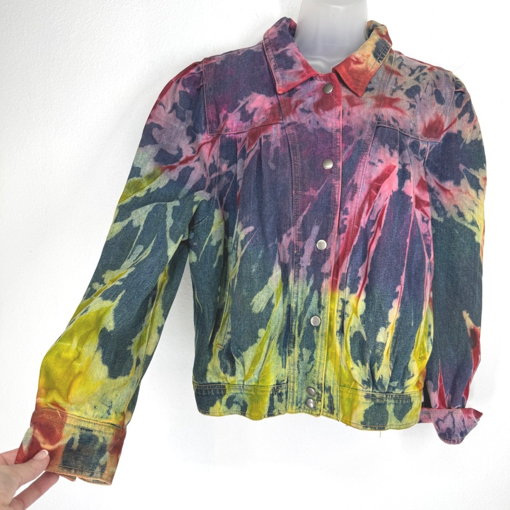 Vintage Tie Dye Denim Bomber Jacket Womens Size M Pink Yellow Artsy Boho Hippie